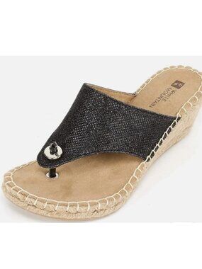 White Mountain Baywatch Espadrille Wedge Thong Sandal Sz 9.5 Black Sparkly Upper